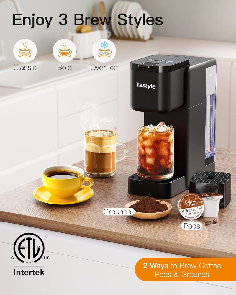 Tastyle Single Serve Hot & Iced Coffee Maker with Strong Brew, 40oz Removable Reservoir, 6 Brew Sizes, Compatible with K Cup and Grounds, Compact for Home, Office, RV and Dorm, Black (2.0 Version) - Image 2